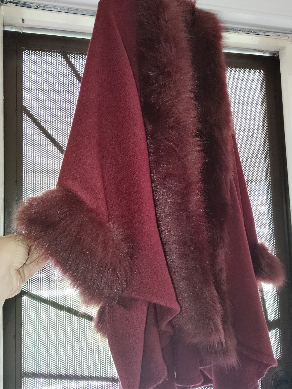Women's Faux Fur Trim Burgundy Cape Sweater - Picture 5 of 5